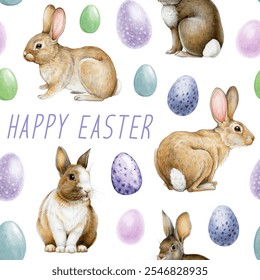 Hand-painted seamless pattern with cute bunnies and colorful Easter painted eggs. Perfect for spring decor, Easter backgrounds, gift wrap and holiday-themed festive designs - Powered by Shutterstock