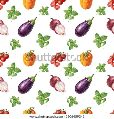 A hand-painted seamless pattern of eggplants, red onions, yellow bell peppers, cherry tomatoes, and basil leaves on a cream background. Ideal for kitchen textiles, packaging, and culinary design.