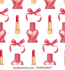 A hand-painted seamless watercolor pattern featuring elegant red lipstick, heart-shaped perfume bottles, and decorative ribbons. Perfect for beauty-themed designs, packaging, and invitations - Powered by Shutterstock