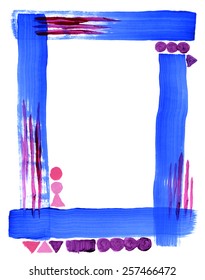 Hand-painted with ultramarine blue, magenta, purple and pink acrylic paint, the brushstrokes are clearly visible in this simple, bright frame decorated with geometric shapes.
