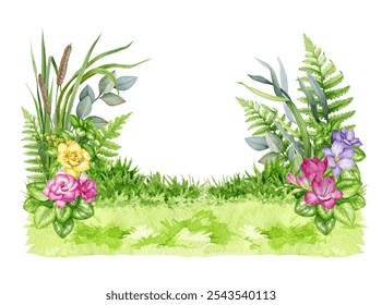 Hand-painted watercolor background of fresh green spring grass and garden flowers in a vintage style. Ideal for Easter themes, greeting cards, seasonal decor, and holiday designs. White background