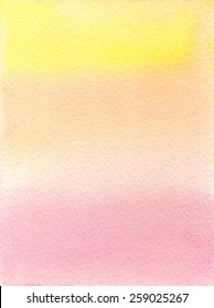Hand-painted watercolor background in soft, gradated tones of pink and yellow, on rough-textured watercolor paper. Hand drawn using transparent watercolor paint.
