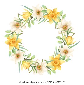 Hand-painted watercolor daffodils wreath on white background