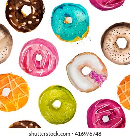 Hand-painted watercolor donuts seamless background