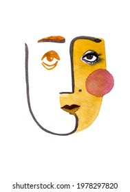 Hand-painted Watercolor Face In Primitivism