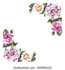 Hand-painted watercolor flower frame with peonies, roses and leaves. Pink, white flowers, green leaf ornament. Design template. Paper textured elements on white background.