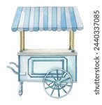 Hand-painted watercolor ice cream blue cart, Fresh farmer market cart illustration