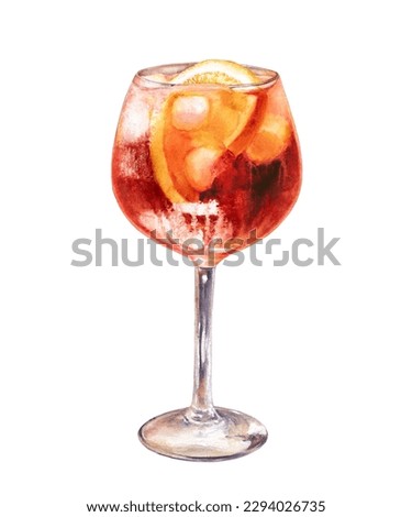 Hand-painted watercolor illustration of aperol spritz cocktail glass with orange fruit. Backdrop design for printed products, packaging, postcards, posters.