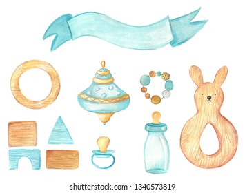 Handpainted Watercolor Illustration. Baby Accessories. Wooden Toys, Whirligig, Ribbon, Rattle, Pacifier And Bottle On White Background.