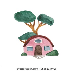 Hand-painted Watercolor Painting, Tiny House With A Round Roof, Porch And With Tree On The Side. Object On A White Background, For Design Compositions On The Theme Of Farm Life