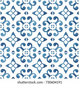 Hand-painted watercolor Portuguese tiles with blue ornament. Seamless pattern on white background