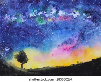 hand-painted in watercolors starry night with milky way