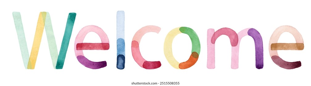 Hand-painted "Welcome" in vibrant, colorful letters, each with a unique, lively hue and artistic brushstroke. Perfect for greeting cards, home decor, and digital invitations. - Powered by Shutterstock