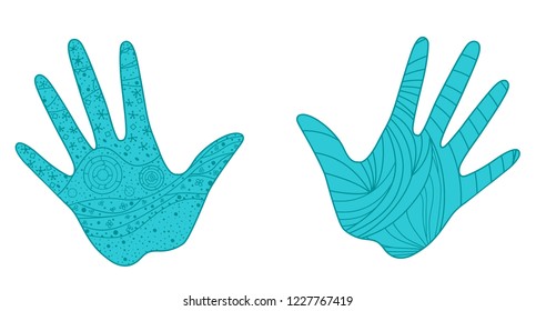 Hands with abstract patterns on isolation background. Design for spiritual relaxation for adults. Zen art. Doodles for banners, posters, t-shirts and textiles