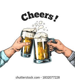 Hands with beer mugs. Hand drawn poster with vintage pub glasses with beer and hands, colored ink sketch alcohol beverages.  illustrations pub toast template for party in restaurant or bar - Powered by Shutterstock