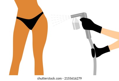 Hands in black gloves with a black spray tan machine sprays tan on a woman's body in black bikini. Flat illustration of auto tanning procedure