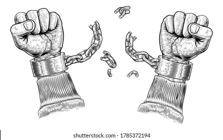 Hands breaking chains shackle