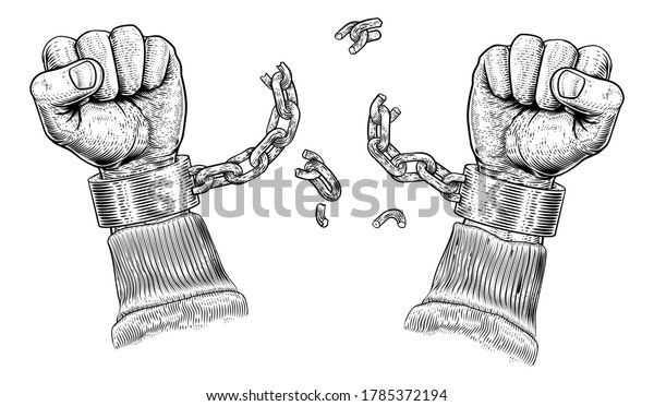 Hands Breaking Chains Shackle Handcuffs Vintage Stock Illustration ...