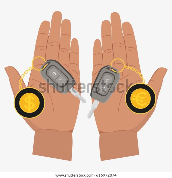 Hands with car keys. Two cars. Flat \
illustration isolated on white\
background