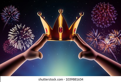 Hands cartoon are wearing a golden crown on head copy space on a background with fireworks. Winner. Leader. Selfish person. Award ceremony concept. 3d render
