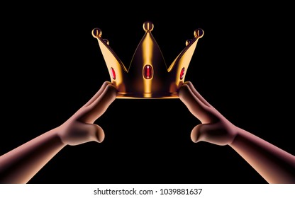 Hands cartoon are wearing a golden crown on head copy space isolated on dark background. Winner. Leader. Selfish person. Award ceremony concept.  3d render
