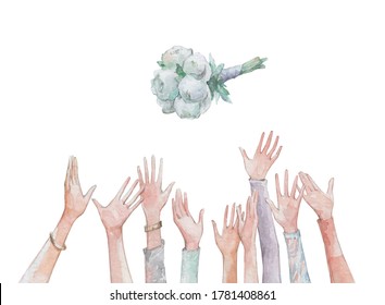 Hands Catching Wedding Bouquet Watercolor Art Isolated