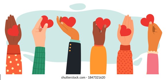 Hands charity concept. Give, share love to people, charity and donation hands with heart symbol, hands with love messages  illustration. Volunteering, raised up diverse human palms - Powered by Shutterstock