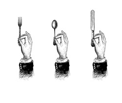 Руки с столовыми. Ложка, вилка и нож. Старинные стилизованные рисунок. Иллюстрация ручной работы в стиле ретро