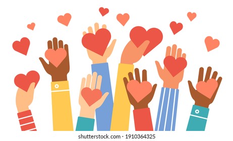 Hands donate hearts. Charity, volunteer and community help symbol with hand gives heart. People share love. Valentines day  concept. Give sign red heart in hand illustration