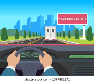 Hands driving car. Auto inside dashboard driver speed road overtaking street traffic travel billboard, flat illustration - Powered by Shutterstock