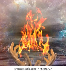 hands with fire on abstract space background  3D Rendered