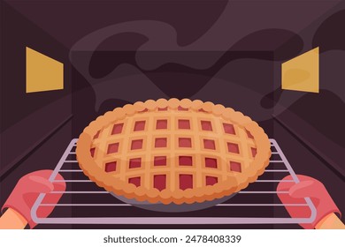 Hands in fireproof gloves pulling sweet pie with steam out oven illustration. Cartoon chef making cake in cooker, person holding tray to cook food for home party, view of oven with door open - Powered by Shutterstock