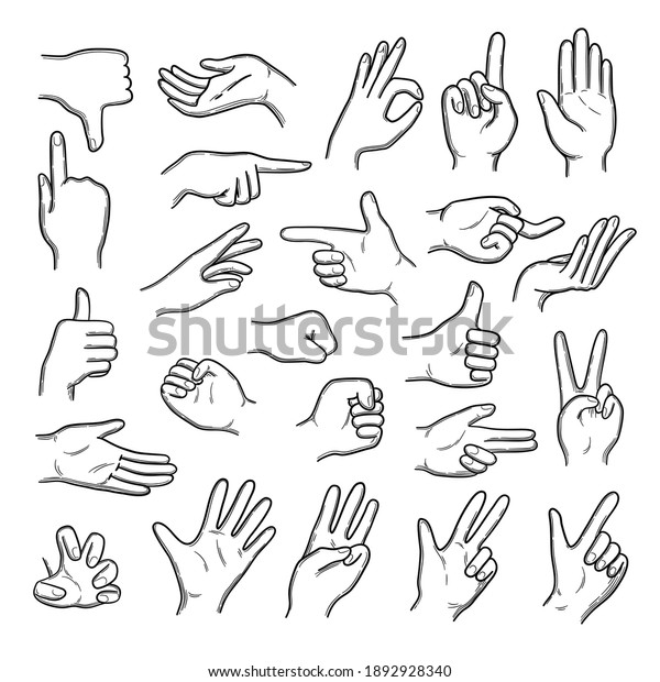 Hands gestures. Human pointing hands showing\
thumbs up down like best doodle\
set