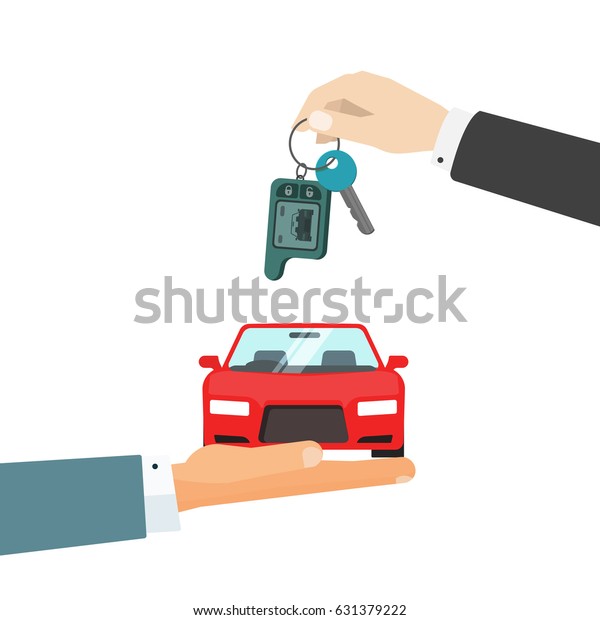 Hands giving car and car keys\
illustration, idea of automobile rent, auto sell flat cartoon\
style
