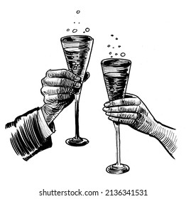 Hands With Glasses Of Champagne. Ink Black And White Drawing