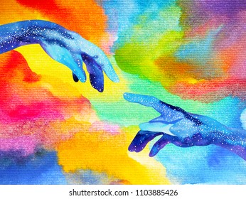 Hands Of God Connect To Another World Illustration Design Watercolor Painting Hand Drawn