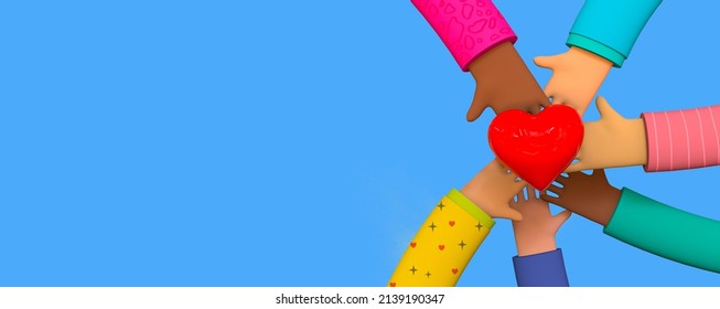 Hands With Heart, Friendship Hands, Different People Hands, Intercultural Communication, Interethnic Relations, Politics Of Difference. Trendy 3d Illustration On Blue Background