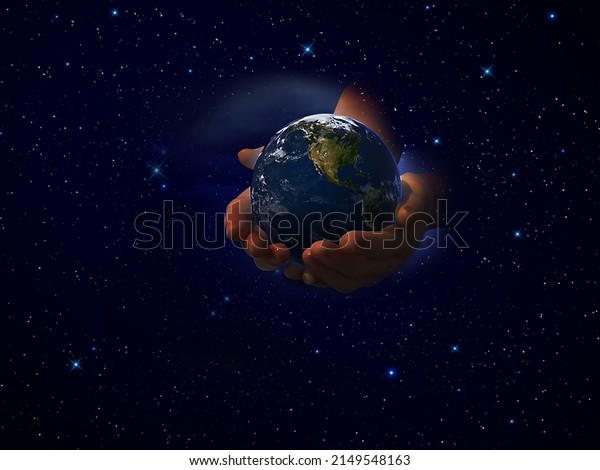 hands hold earth on \
front starry sky at night cosmic univerce keep the peace e holding\
globus concept 