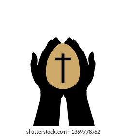Hands hold easter egg with cross. JPG illustration.