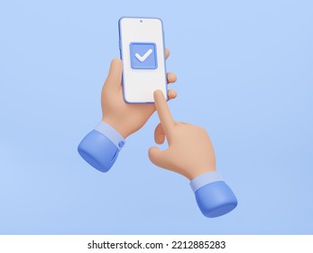 Hands Hold Mobile Phone And Click On Checkmark On Screen. Concept Of Success, Done, Correct Choice. Finger Touching Tick Button On Smartphone For Accept Or Confirm, 3d Render. 3D Illustration