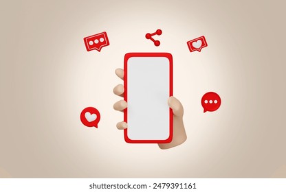 hands hold mobile phone, smartphone with social media, chat bubble talk isolated on pink background. 3d illustration render - Powered by Shutterstock