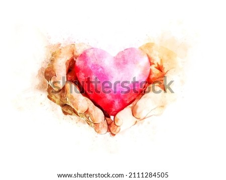 Hands hold pink heart on hands in watercolor painting Style for Valentine's day content and copy space