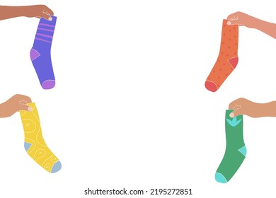 Hands Hold Trendy Socks. Variety Of Female And Kids Cotton Colorful  Socks. Modern Sock Collection For Special Occasion. Hand Drawn Vector Illustration For Web Banner, Page Header Design.