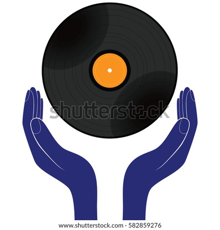 Hands hold vinyl record disk isolated white. Save, buy, enjoy, play it design . Raster version.