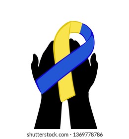 Hands hold with yellow blue ribbon. World down syndrome day. JPG illustration. - Powered by Shutterstock