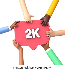 Hands holding a 2k social media followers banner label. 3D Rendering