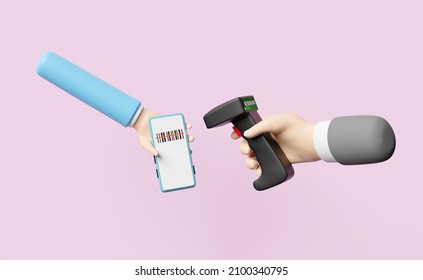 Hands Holding Barcode Scanner With Mobile Phone, Smartphone Isolated On Pink Background, 3d Illustration Or 3d Render