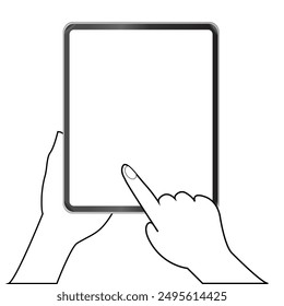 Hands holding black tablet with blank screen on white background. Human hand using digital tablet and finger touch screen. Template Mockup tablet pc with blank screen. Design for web site, mobile app - Powered by Shutterstock