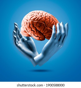 Hands Holding The Brain On A Blue Background. 3d Image.