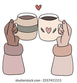 Hands holding cups of coffee, cappuccino, mug, togetherness and friendship  - Powered by Shutterstock